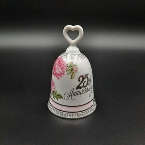 Vintage Chatillon Porcelaine 25th Anniversary Bell w/ Pink‎ Roses & Heart Handle